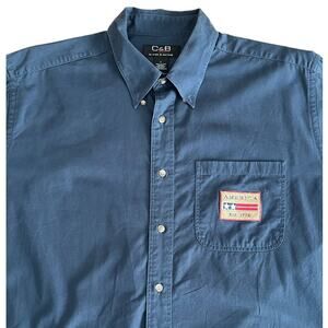 VTG C & B Croft & Barrow Mens L Blue Button Down Shirt America 1776 Patch Cotton
